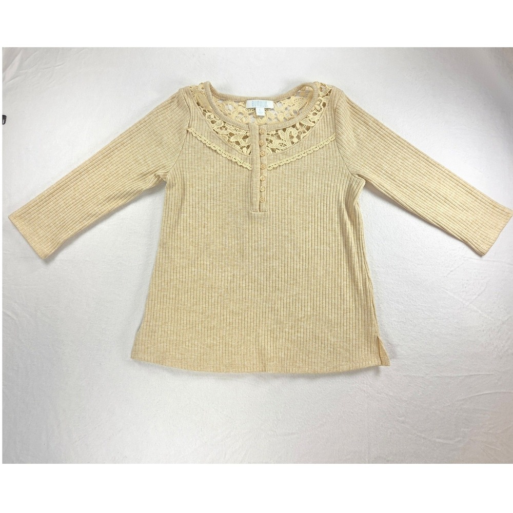 Bunulu 3/4 Sleeve Henley Knit Ivory Crochet Embroidery Detail Women L Shirt Top